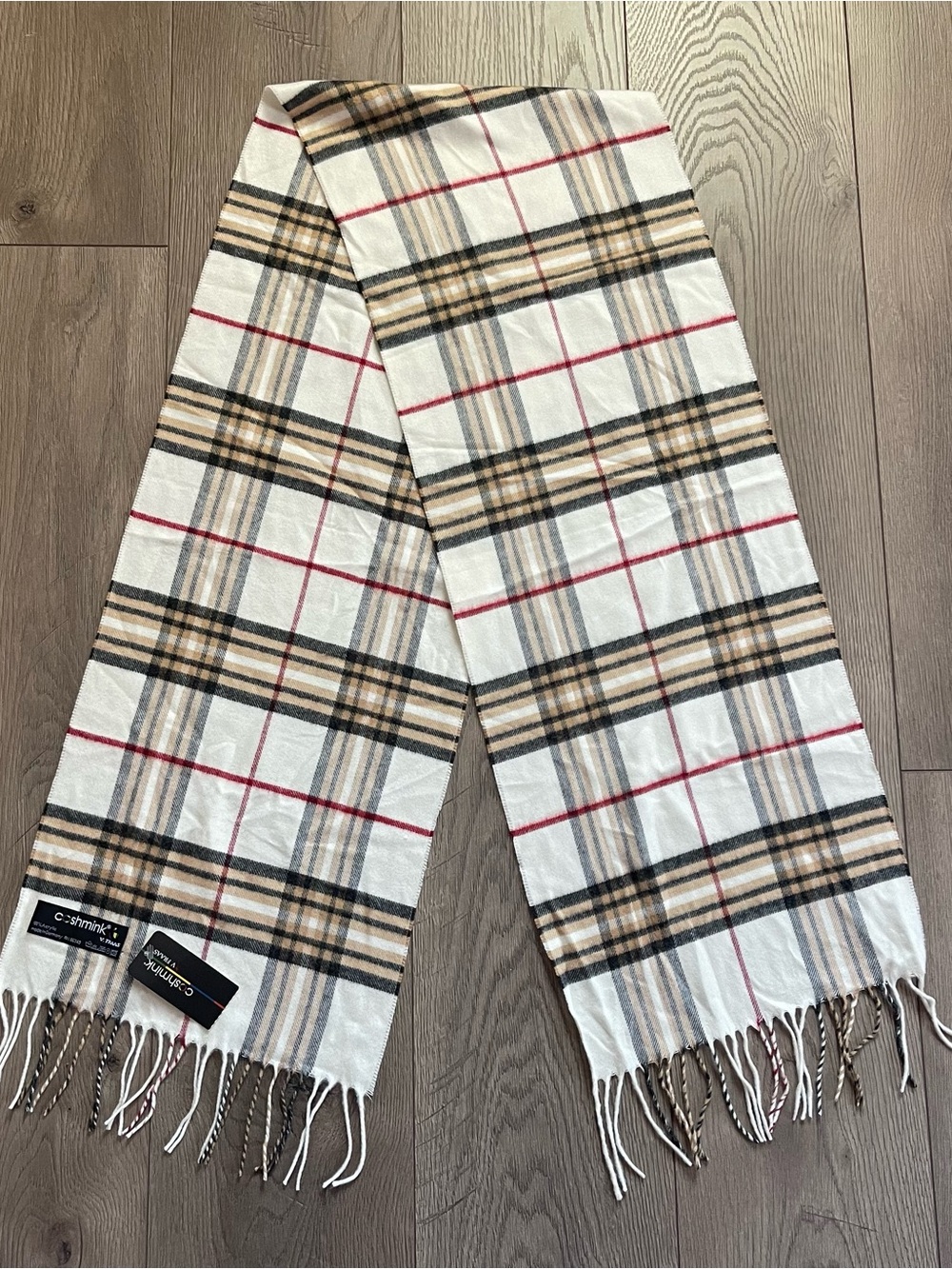 NWT Cashmink by V. Fraas Ivory Plaid Acrylic Made in Germany Scarf 701300